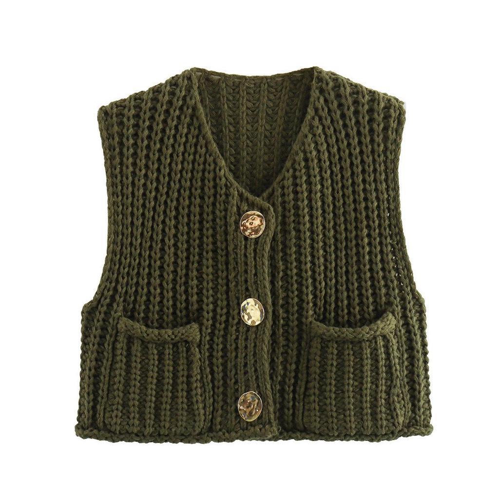 Women's V-Neck Chunky Knit Sleeveless Cardigan Vest - European & American Style, Autumn/Winter 2025