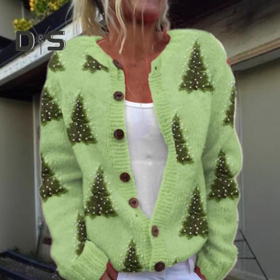 Jachetă cardigan pentru femei, imprimare 3D de Crăciun, cu un singur piept, gât rotund, mâneci lungi, pulover pentru școală de vacanță și navetă