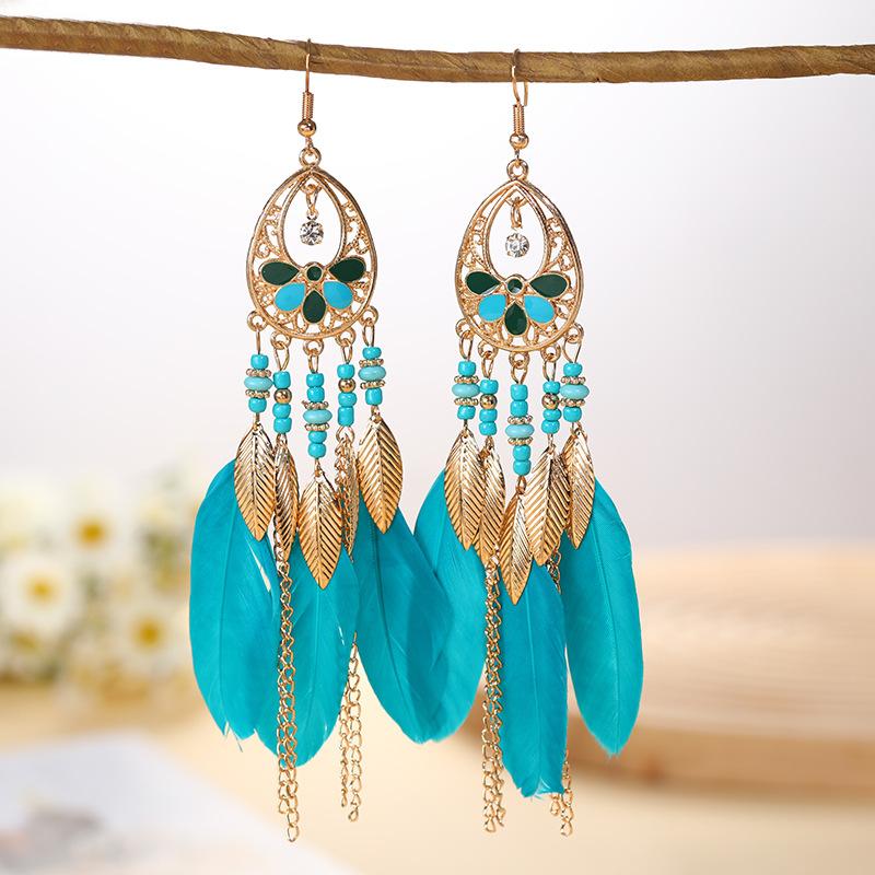 Fashion Vacation Style Bohemian Feather Earrings for Women Ethnic Long Chain Bead Leaf Dangle Earrings Party Daily Jewelry