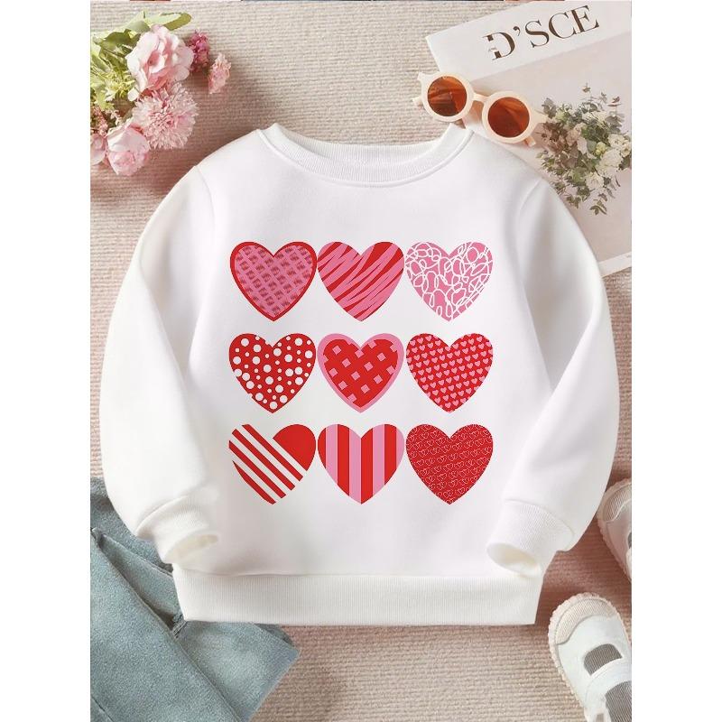 Kids Crewneck Sweatshirt, Cute Valentine Heart Love Theme Graphic Print, Fall Winter Clothing 110 белый