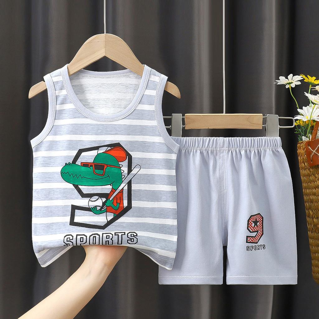 Summer Kids Non Sleeve O Neck Vest Pants Set Casual Baggy 2pcs Suit Cotton Cartoon Printes Outfit