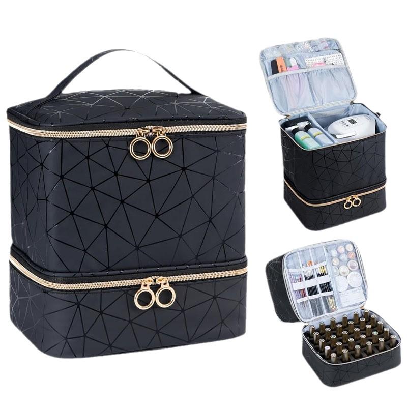 Double-Layer Makeup and Nail Polish Storage Bag - Holds 30 Bottles, Fashionable Large Capacity Handbag for Manicure Tools.