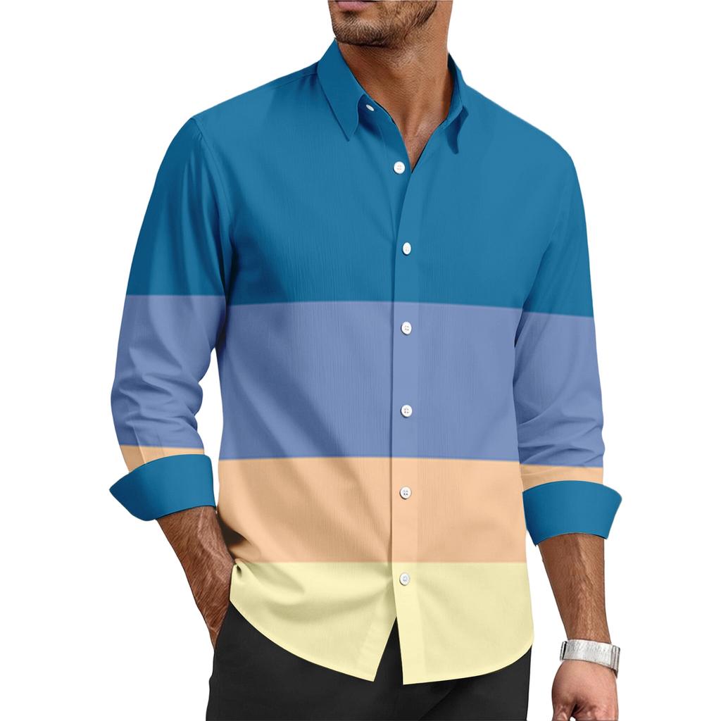Men's Casual Stylish Striped Printed Shirt - Men's Lapel Buttoned Long-sleeved Shirt