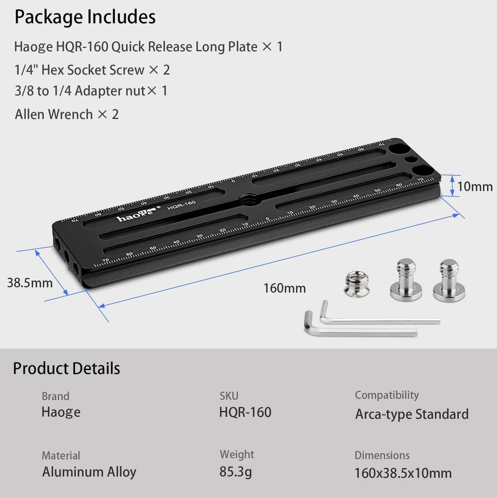 Haoge 160mm Long Extender Rail Slide Plate for Camera Tripod Ball Head Clamps RRS Benro Arca Swiss Sunwayfoto HQR-160 Multi-purpose Quick-Release