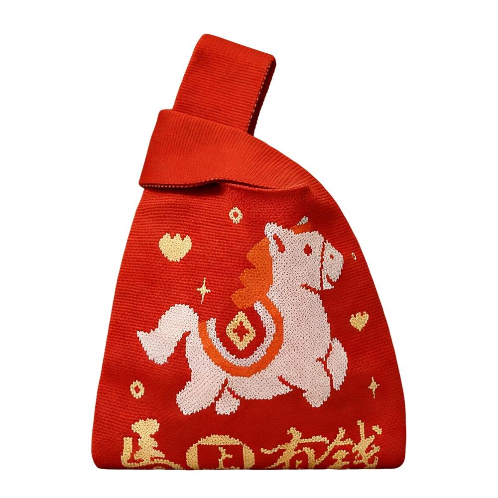 

Large Capacity Knitted Handbag Cartoon Pattern Red Color Knot Wrist Bag Reusable Weave Pattern Tote Bag Moving House Gift