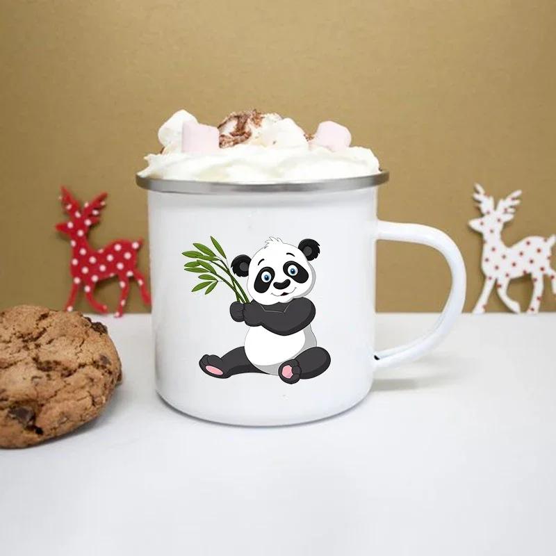 Cute Panda Print Enamel Creative Coffee Tea Water Cups Drinks Dessert Breakfast Milk Cup Kawaii Mugs Handle Drinkware Best Gifts