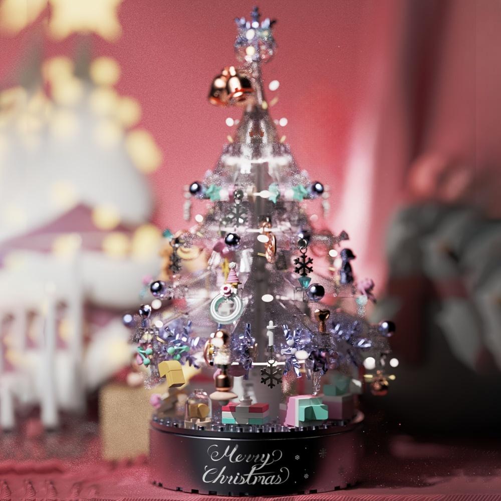 Purple Christmas Tree Music Box Building Blocks with Lights and Gift Bag Toys Adult Home Decoration Gift