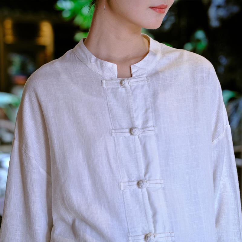 Johnature Camisas de lino vintage con botones para mujer, blusas de primavera con mangas siete y cuello alto, de color liso, estilo chino para mujer
