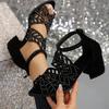 2025Fashion New Women's Summer Hollow Leather Water Diamond Thick Heel Comfortable Zipper Sandals Zapatos Mujer Primavera Verano