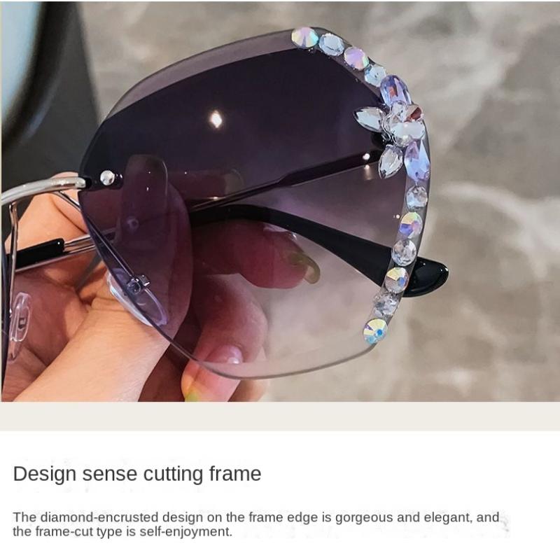 Ochelari de soare anti-UV fără ramă pentru femei, cu incrustații de diamante