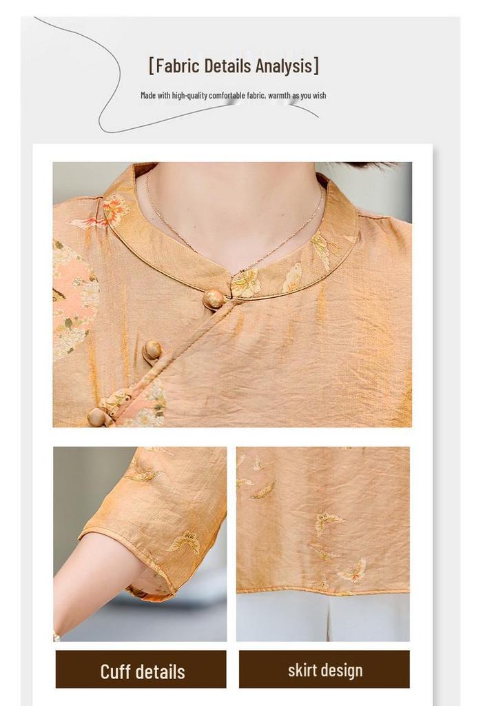 Chinese Style Summer Women's Round Neck 3/4 Sleeve Printed Top for Middle-Aged & Elderly