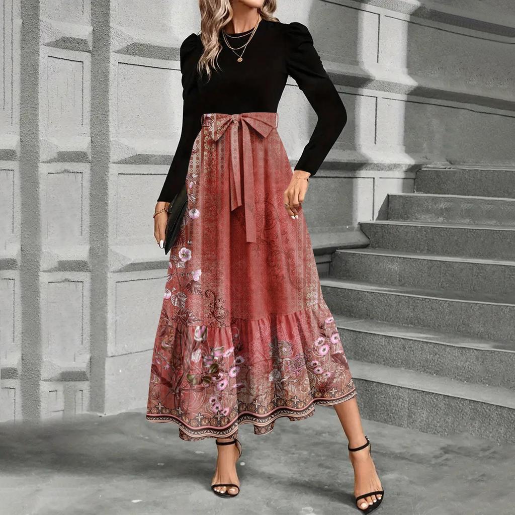 Modisches und elegantes Kleid mit Blumendruck und hoher Taille für Damen