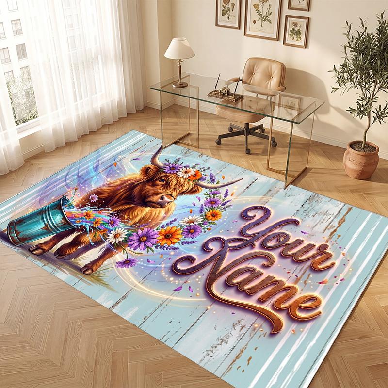 Highland Cow Theme Soft Crystal Velvet Rug Custom Name & Text Print Non Slip Floor Rug for Bedroom Living Room