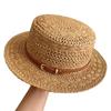 British Style Retro Flat Top Straw Hat Women'S Summer Hollow Sunshade Sunscreen Hat Seaside Vacation Style Straw Sun Hat
