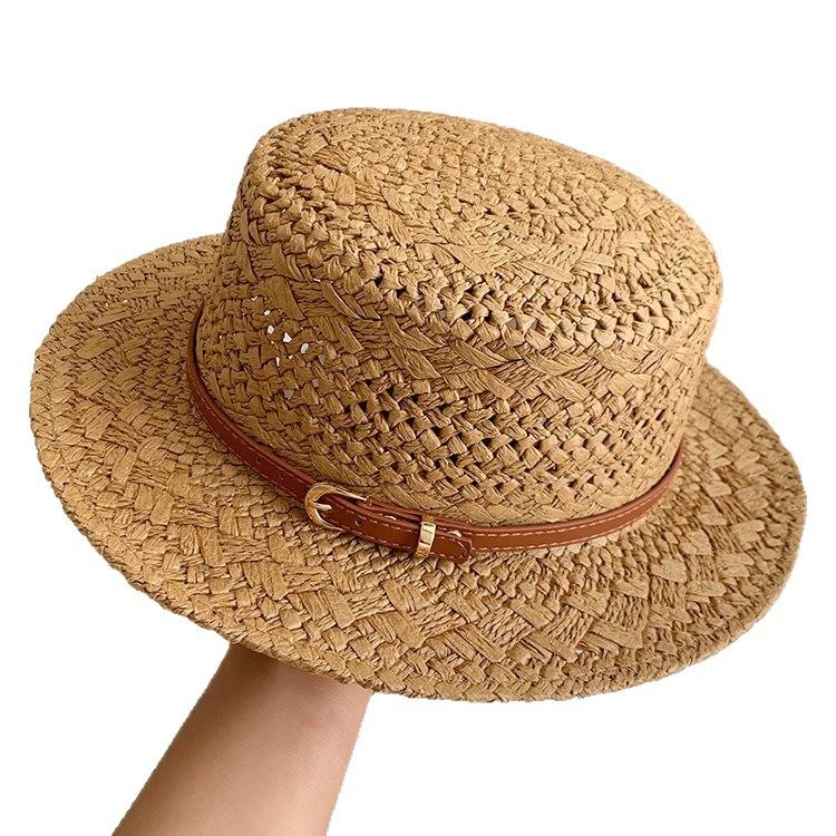 British Style Retro Flat Top Straw Hat Women'S Summer Hollow Sunshade Sunscreen Hat Seaside Vacation Style Straw Sun Hat
