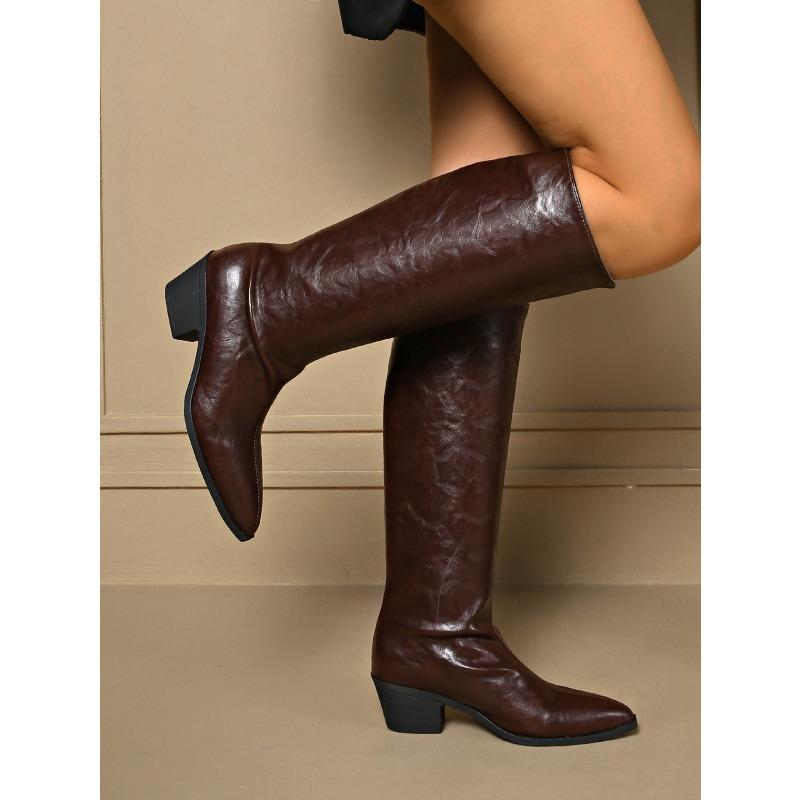 2025 Winter New Slimming Plus Size Mid-heel Skinny Boots Pointed Toe Thick Heel Retro British Style Knight Boots for Women