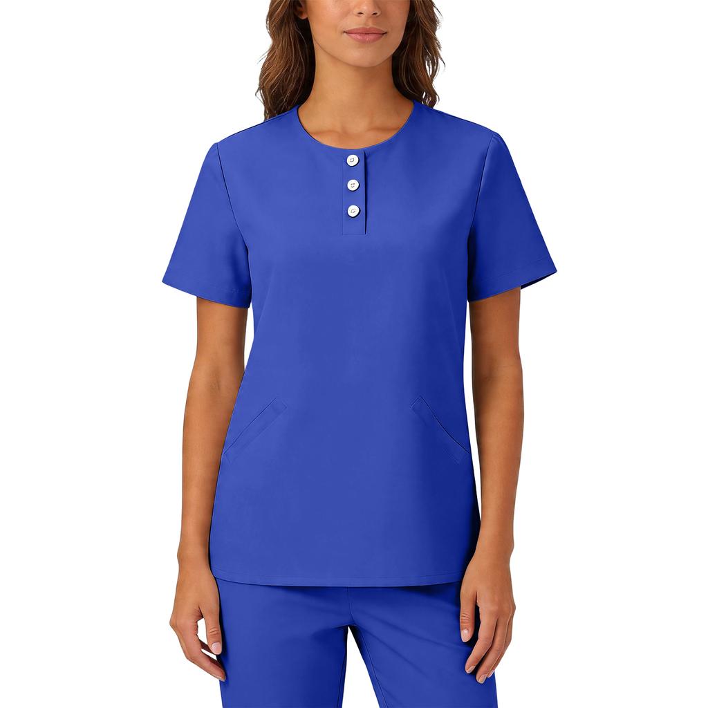 Womens Stretchy Quick Dry V Neck Short Sleeve Top with Pockets Button Front Uniform Blouse for Healthcare Hospitality Service