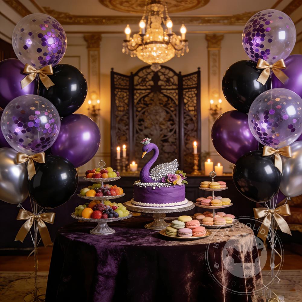 30/60pcs 10inch Purple Black Metal Silver Latex Balloons With Purple Confetti Suitable for Weddings Birthdays Party Gift Ribbon