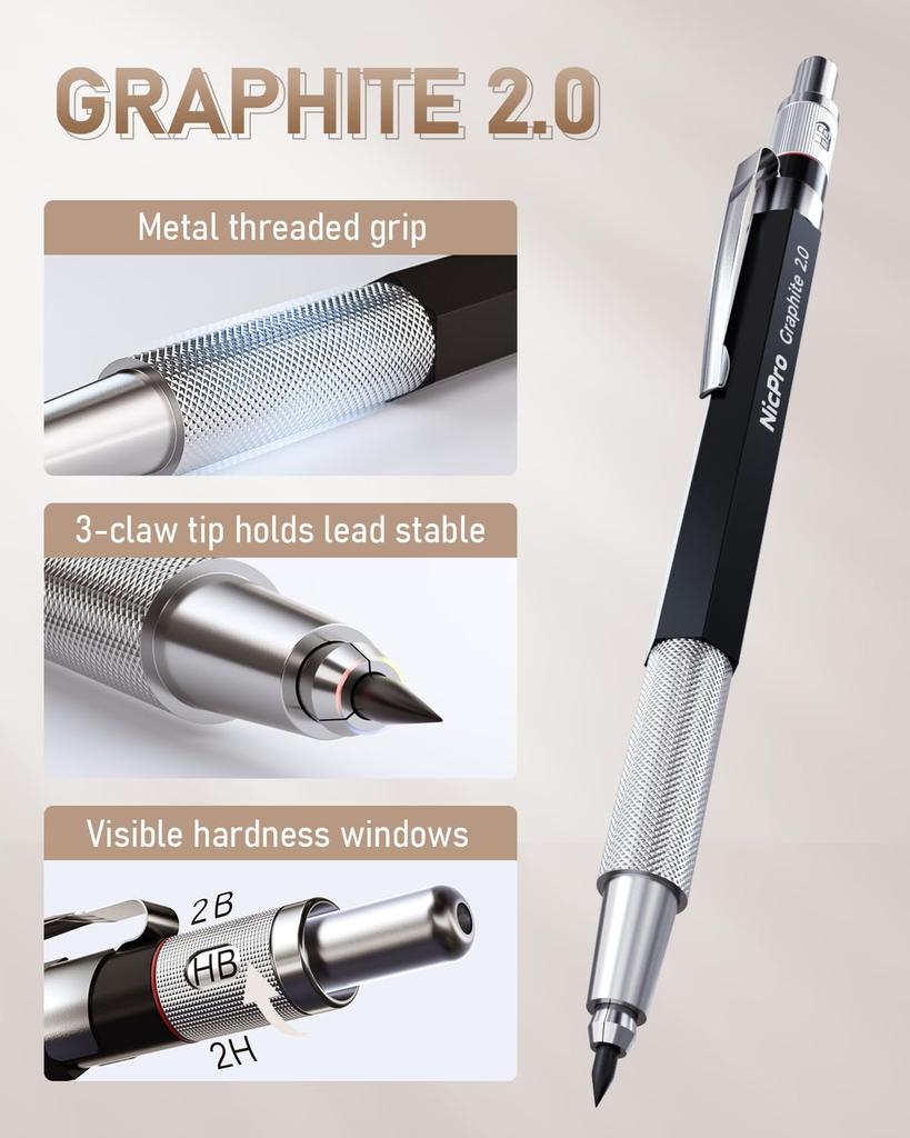 Nicpro Premium Mechanical Pencil Set and with Pencil 20 Leads and 3 Erasers Perfect for and Drawing 6-Piece (0.5, 0.7, 0.9, 2mm) Case, (6B, 4B, 2B,