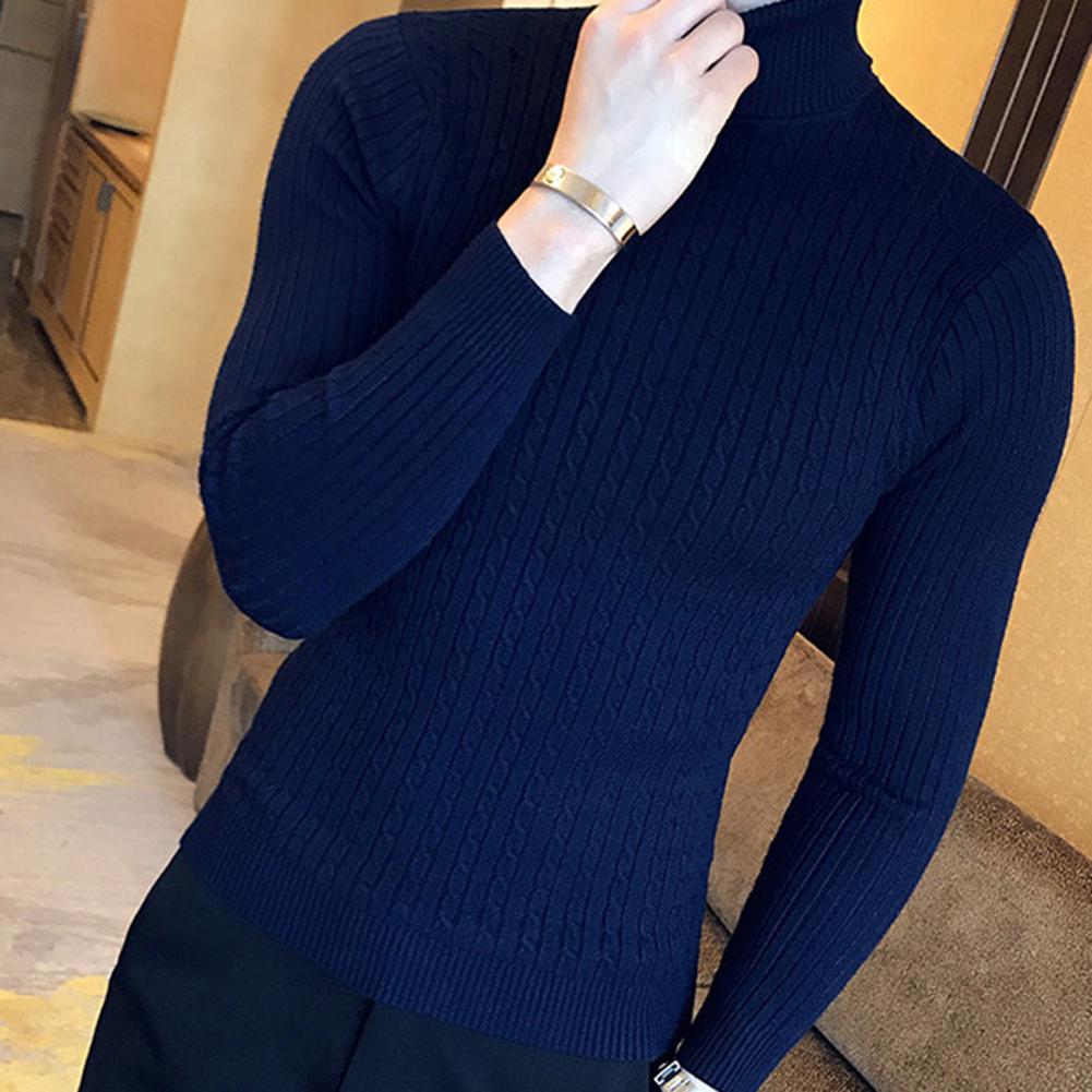 Men's Autumn and Winter Casual Solid Color High Neck Long Sleeve Knit Slim Jersey