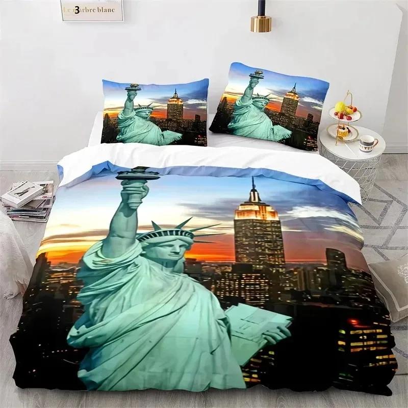 Statue of Liberty Duvet Cover King Size Microfiber World Famous Building Bedding Set New York Landmark Cityscape Comforter Cover
