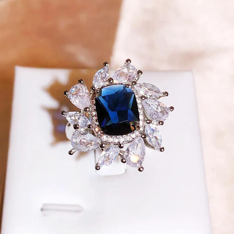 

925 Silver New Colorful Square Zircon Ring Female Fashion Full Diamond Water Drop Zircon Ring Party Birthday Gift resizable синій