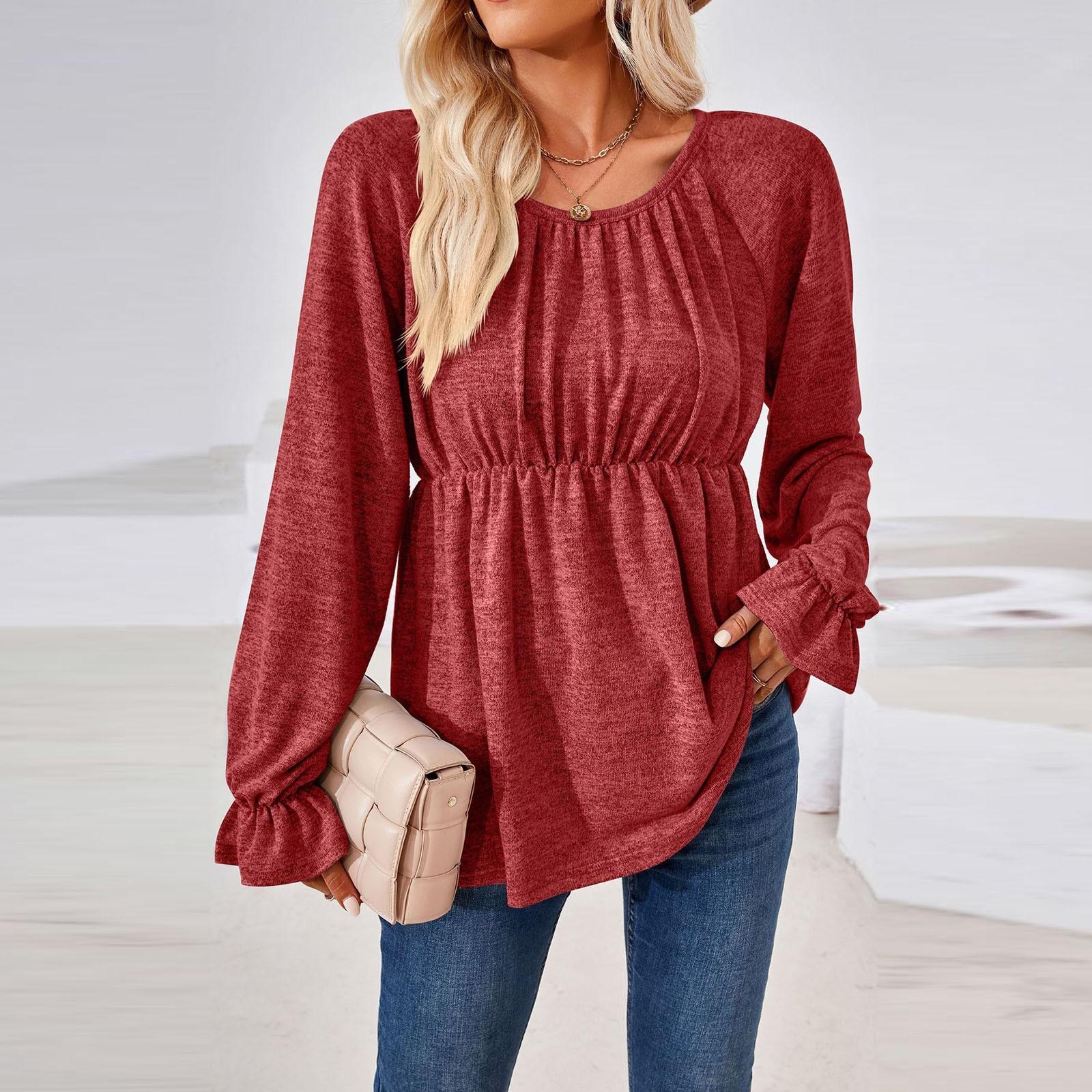 

Women s Autumn And Winter Solid Color Round Neck Waist Loose Long Sleeve T-Shirt Top XXL червоний