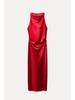 European and American Women's Satin Mid-length Dress with Ruched Waist and Cowl Neck.