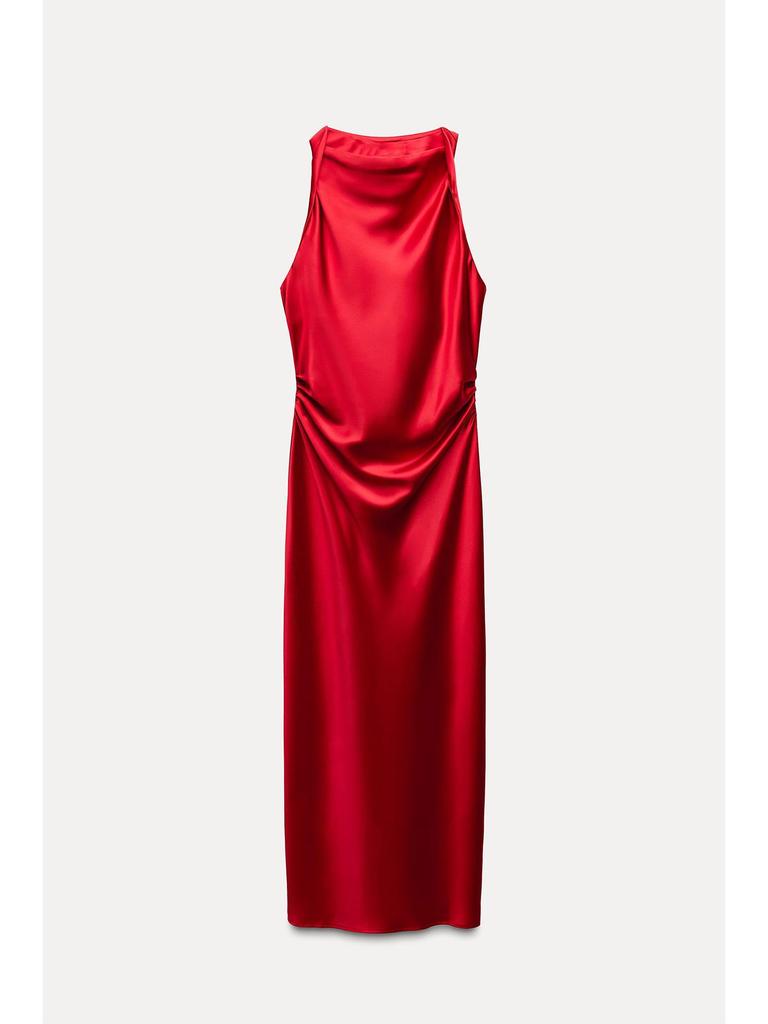 European and American Women's Satin Mid-length Dress with Ruched Waist and Cowl Neck.