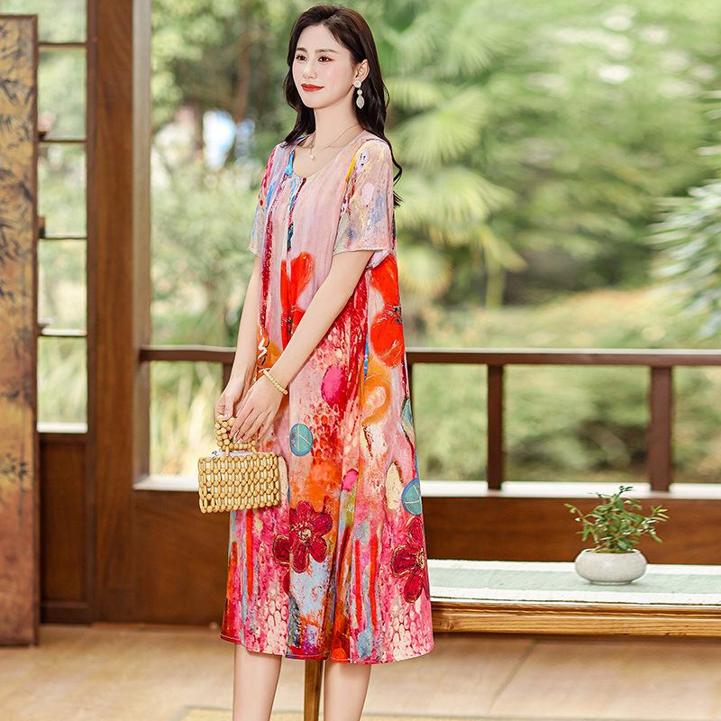 

Летнее этническое миди-платье с цветочным принтом из хлопка и шелка – с коротким рукавом, свободного кроя, стройнящая накидка для мам 4XL (for 160-180 catty)