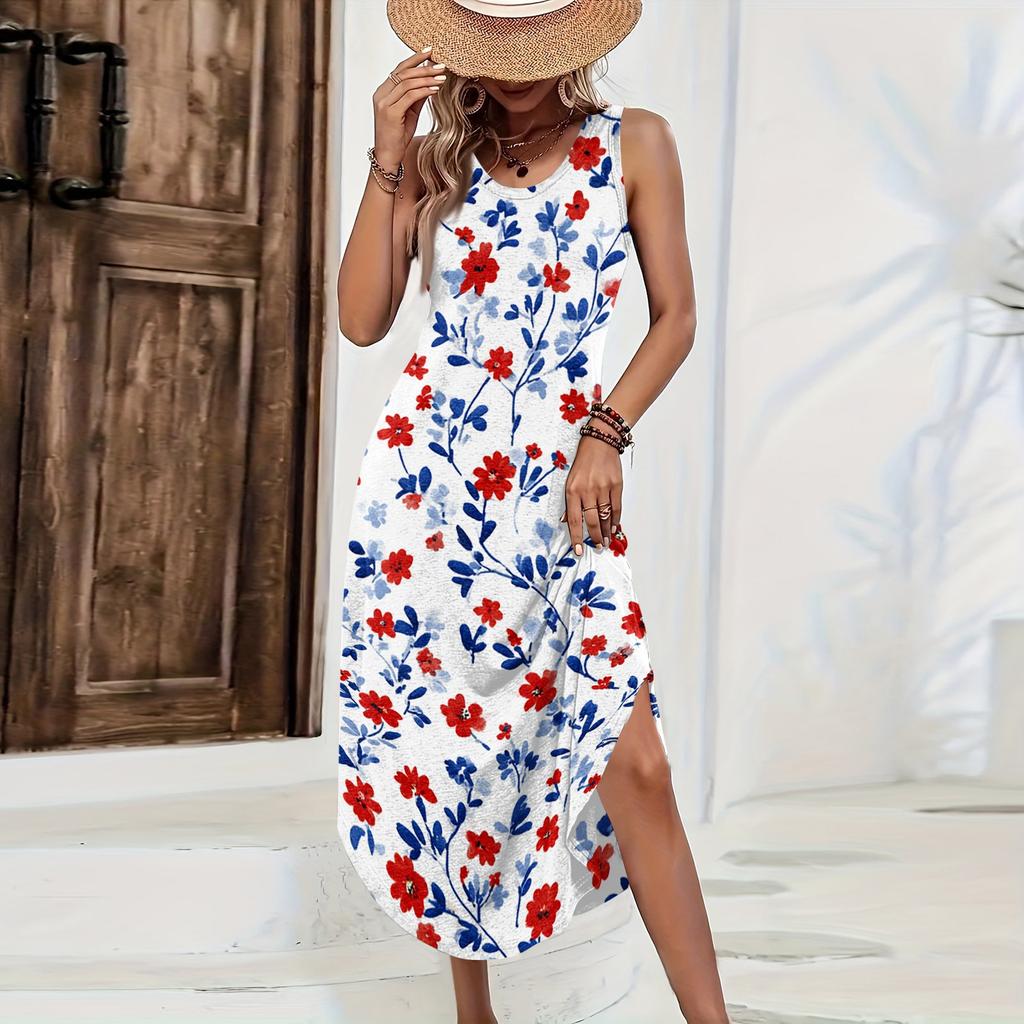 Women Sleeveless Floral Print Maxi Dress Casual Loose Fit Long Summer Dress Side Slit Bohemian Style Sundress for Daily Wear