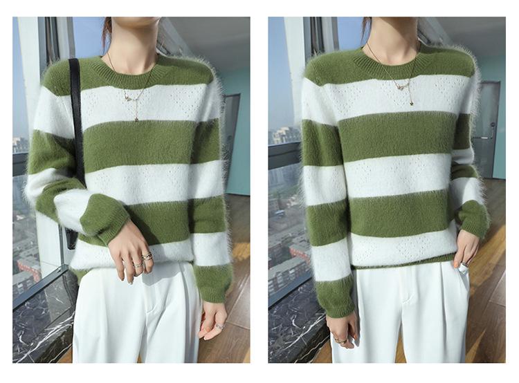 Women's Thickened Mink Velvet Striped Sweater for Autumn/Winter - Round Neck, Long Sleeve Knit Base Layer