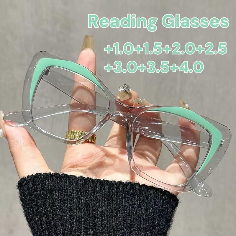 Fashion Cat Eye Large Frame Anti Blue Light Reading Glasses Men Women Retro Full Frame Color Blocked Decorative Presbyopia Eyeglasses