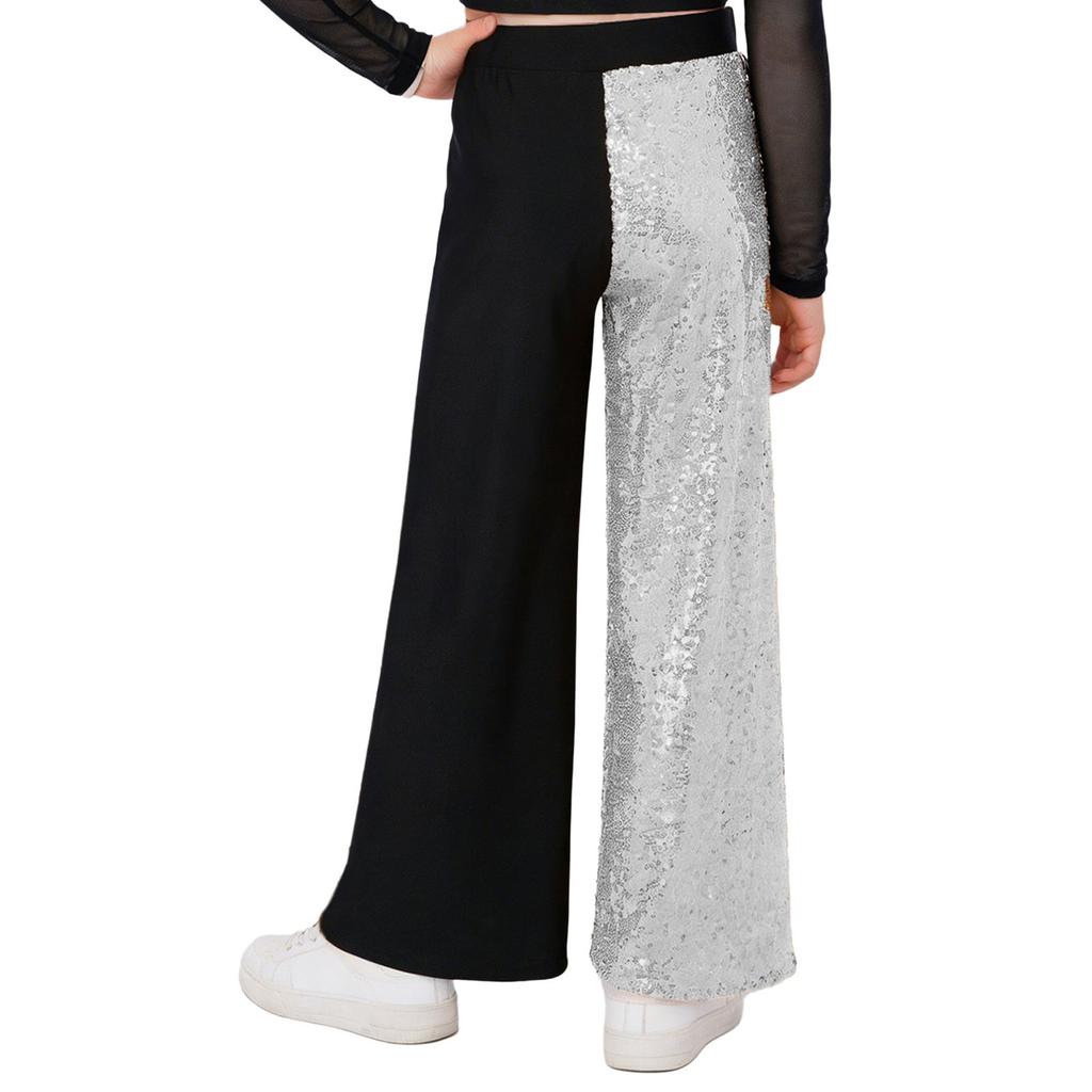 Girls Sequins Patchwork Pants Elastic Waist Color Block Dance Trousers Hip Hop Jazz Outfit