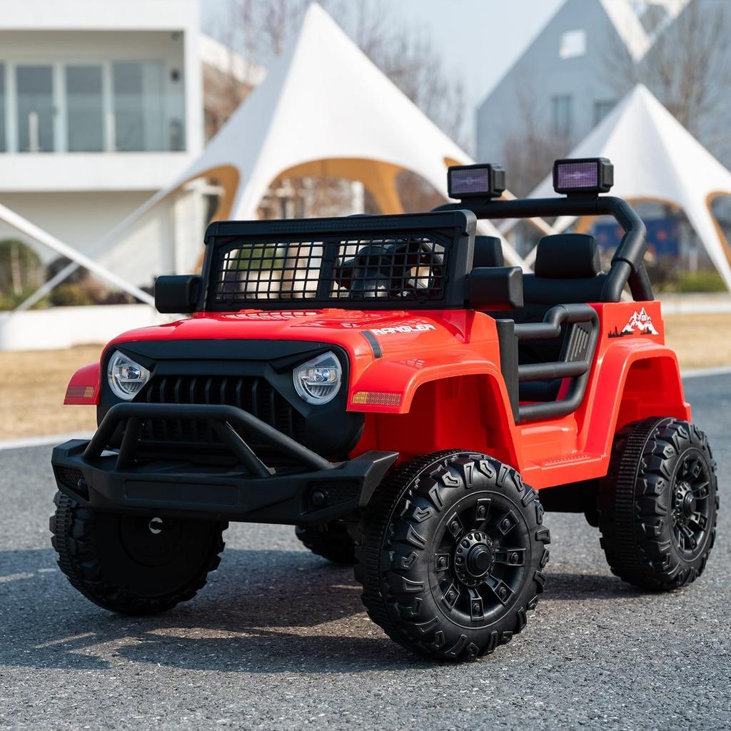 12V 7AH Ride-On Truck Jeep, Kids Electric Car with Parent Remote Control, Spring Suspension, LED Lights, Bluetooth, Music, Red