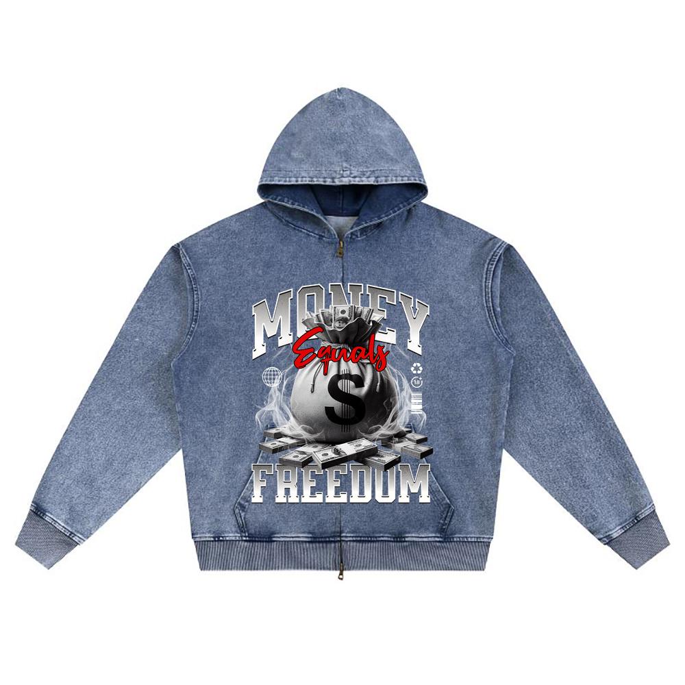 DTG Print Knitted Denim Zip-Up Hoodie Money Equals Freedom Brother Print Zipper Hoodies  