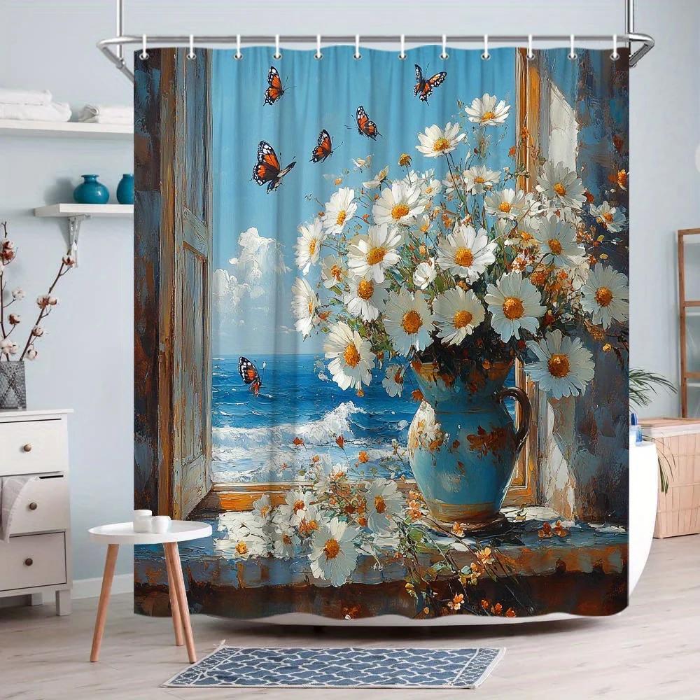 Küsten-Duschvorhang - Blaue Vase, Weiße Gänseblümchen & Schmetterlinge, Sonniges Meerespanorama, Polyester, Maschinenwaschbar, Stranddekoration