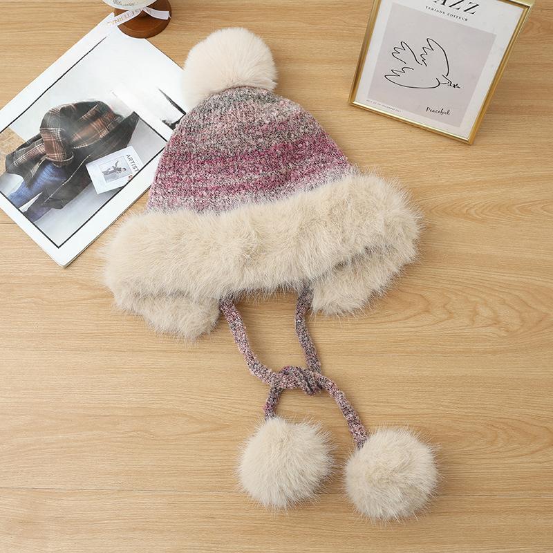 Winter Hat for Women Retro Knitted Hat Plus Velvet Thickened Ear Protection Cold Proof Wool Hat Cute Fur Ball Lace Head Hat