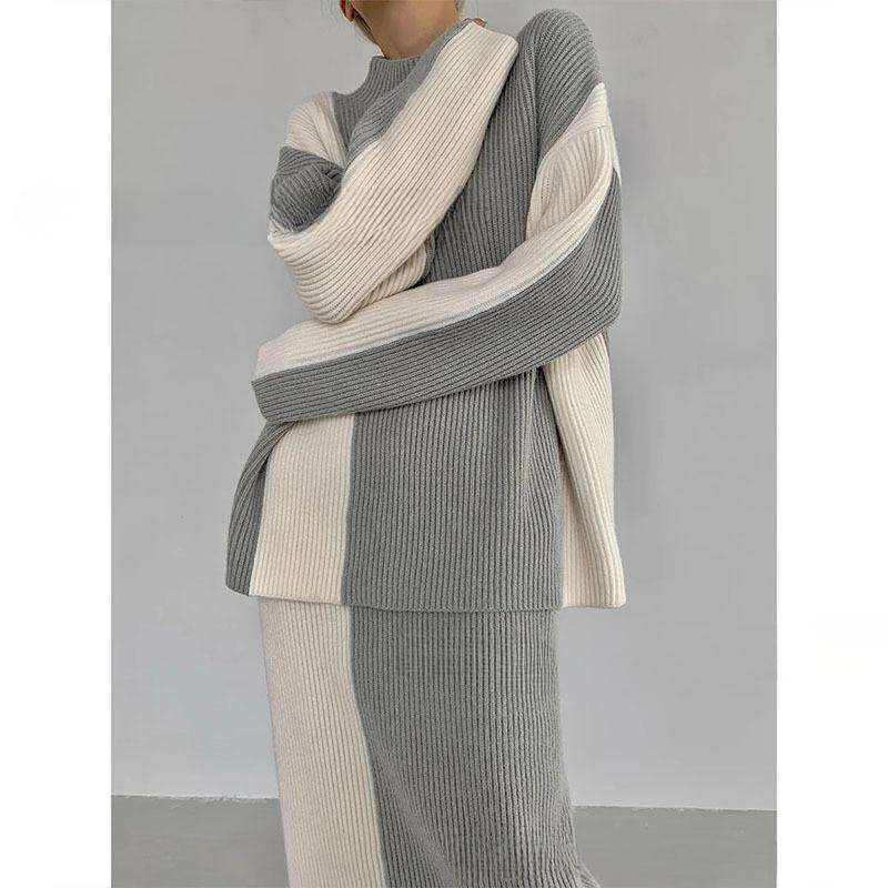 Design Sense of Niche High Neck Sweater Women Fashion Two-piece Autumn and Winter Color Collision Knitting Suit High Waist Half-body Skirt