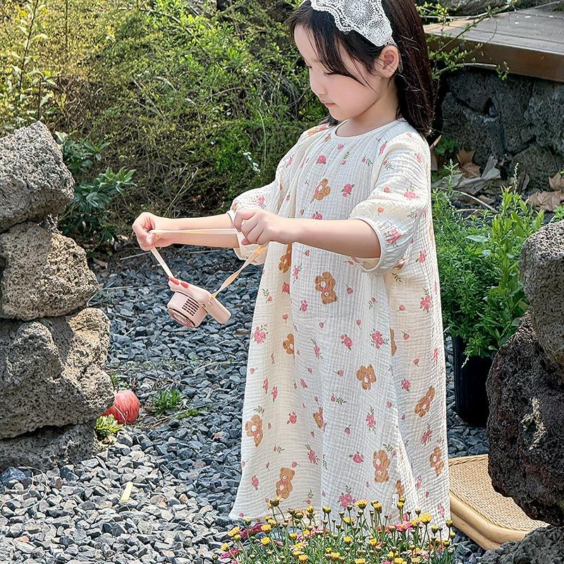 Sweet Short Sleeve Girls Kids Sleep Dress Casual Summer Home Nightgown