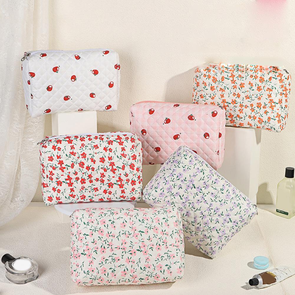 3Pcs Cosmetic Bag Cute Floral Cotton Toiletry Organizer Bag Zipper Travel Cosmetic Bag for Women Girls