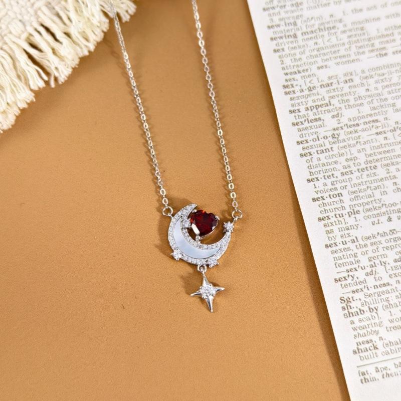 S925 Sterling Silver Natural Crystal Star Moon Pendant Necklace Women Garnet Topaz Peridot Clavicle Chain Luxury Jewelry Gift 925 silver