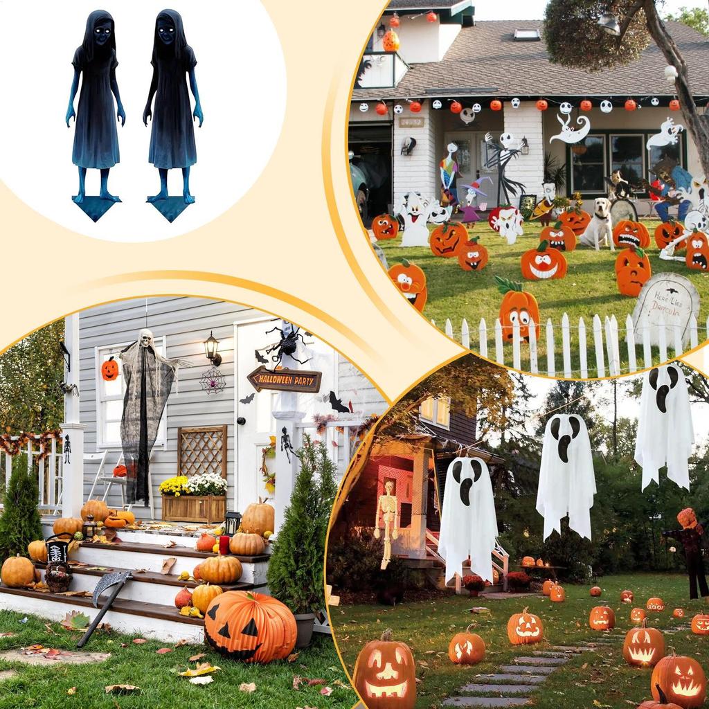 Twins Halloween Yard Signs Stakes Metal Spooky Twins Lawn Sign Stakes 2-pieces Halloween Ground Insertion Horror Decor For Porch
