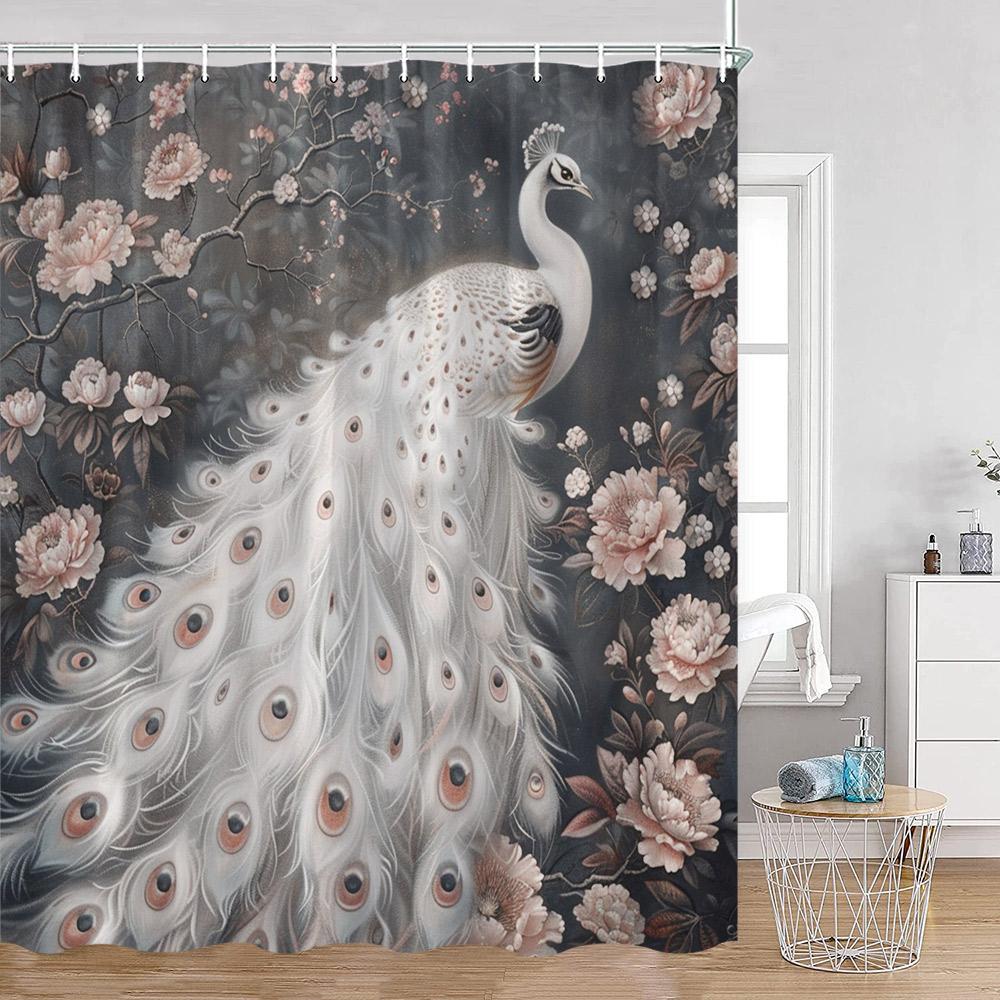 Peacock Shower Curtain Beautiful Blue Bird Pink Flower Tree Chinese Style Elegant Bath Curtain Modern Bathroom Decor with Hook