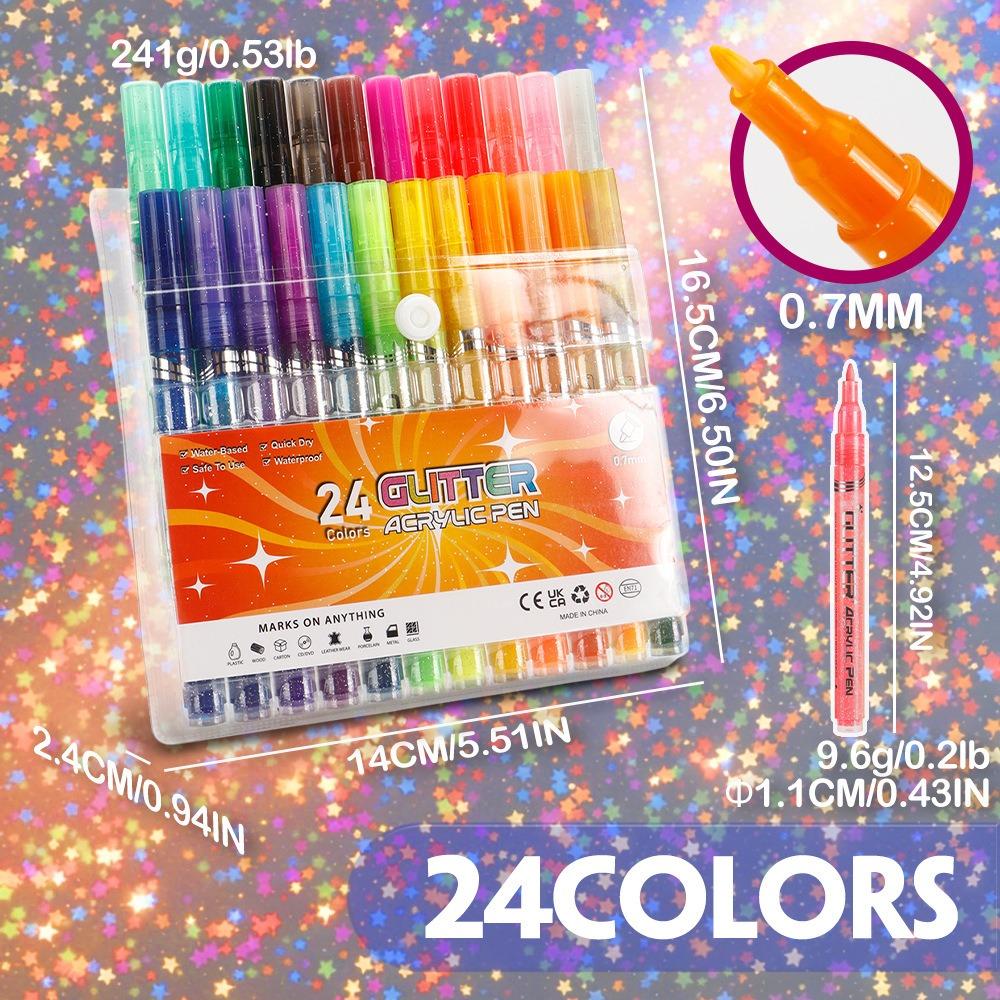 New 12/24Colors Glitter Pen Water-Based Quick-Drying Acrylic Pen Set DIY Graffiti Drawing Art Markers Pen Stone Wood Calligraphy