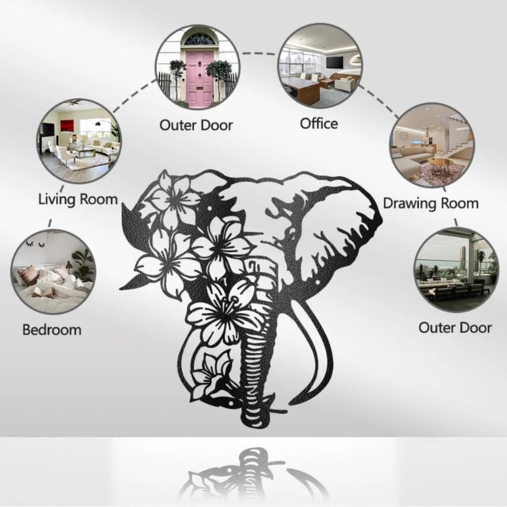Black Metal Elephant Flower Wall Art Decor, Iron Garden Sculpture for Home Patio Fence