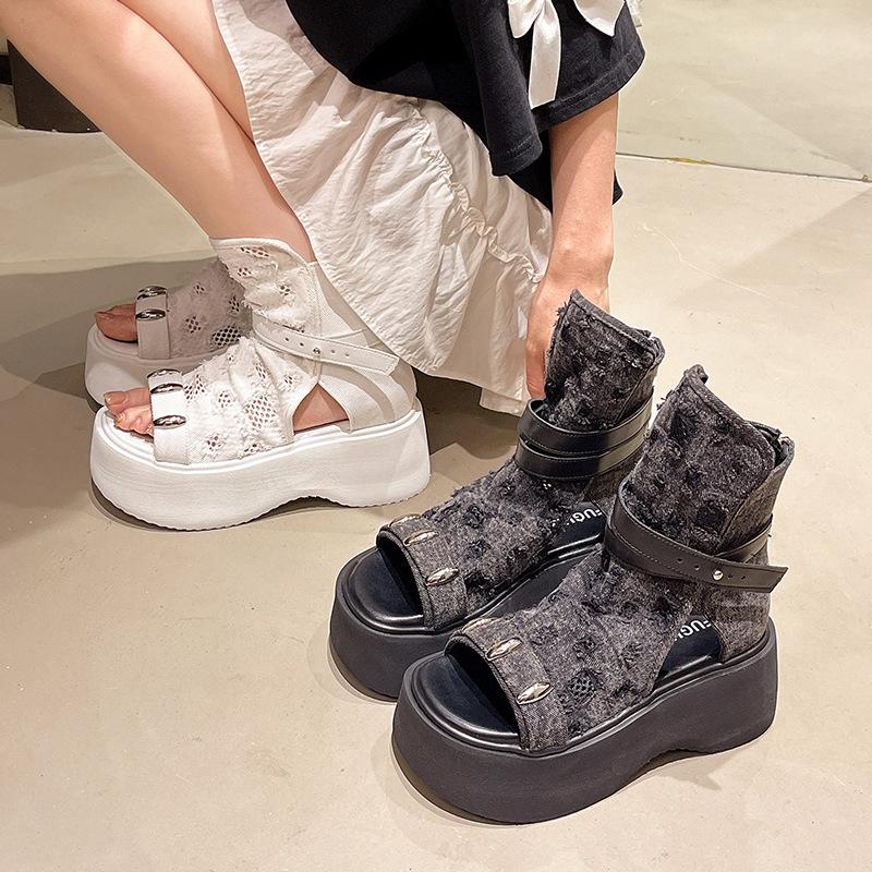 Premium Thick Sandal Sole Belt Buckle with 2025 New Open-toed Cool Boots Fairy Women's Skirt Cowboy Short Boots