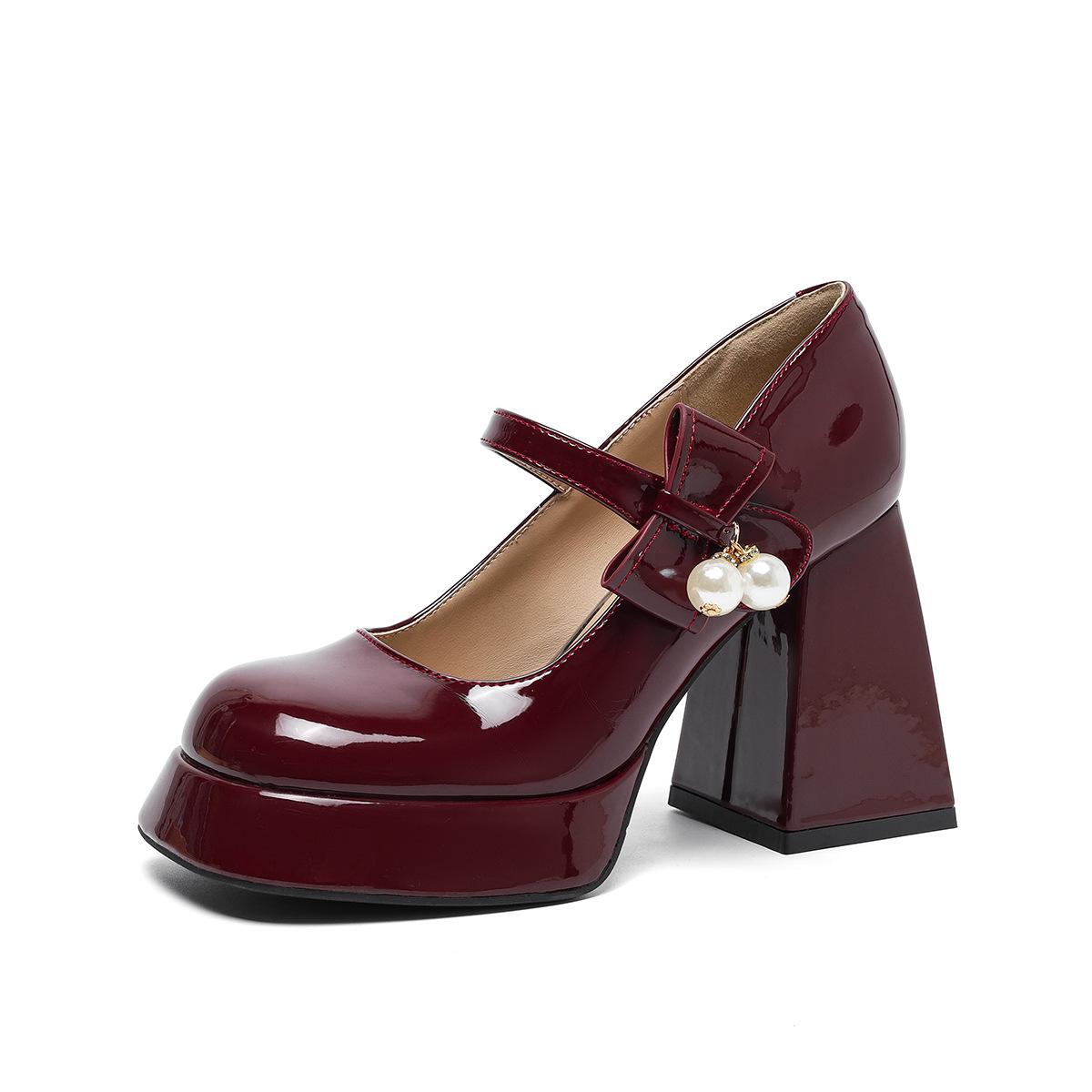 

Новая лаковая обувь с круглым носком, жемчужным бантом, толстым каблуком, высоким каблуком, одинарная обувь, женская водонепроницаемая обувь на платформе Мэри Джейн 37 темно-красного