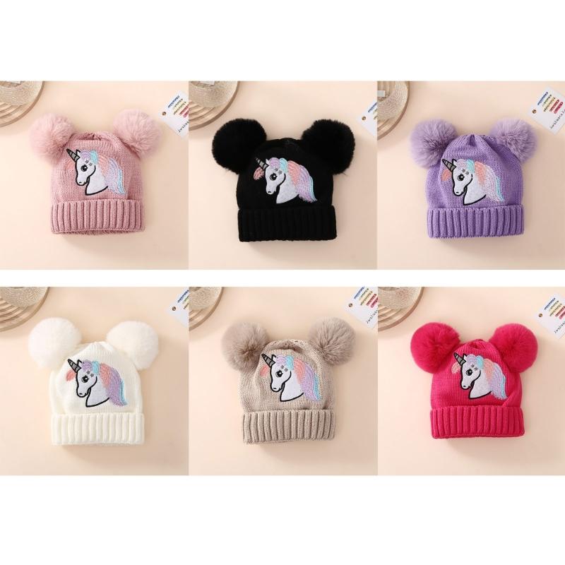 Baby Girl Hat Knit Baby Winter Hat Cute Baby Beanies for Girls Thick Warm Toddlers Double Pompoms Cap for 1-4 Yeas Old