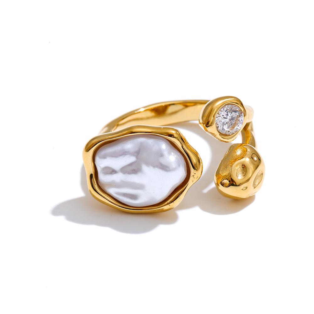 

Yhpup Size 8 Stylish Unique Simulated Pearls Zirconia Finger Ring Gold & Platinum Plated Stainless Steel Geometry Retro Jewelry 8